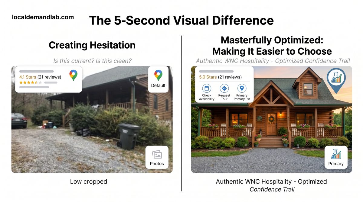 A Local Demand Lab visual showing how an unclear first impression can create hesitation while clearer trust signals make a business easier to choose.