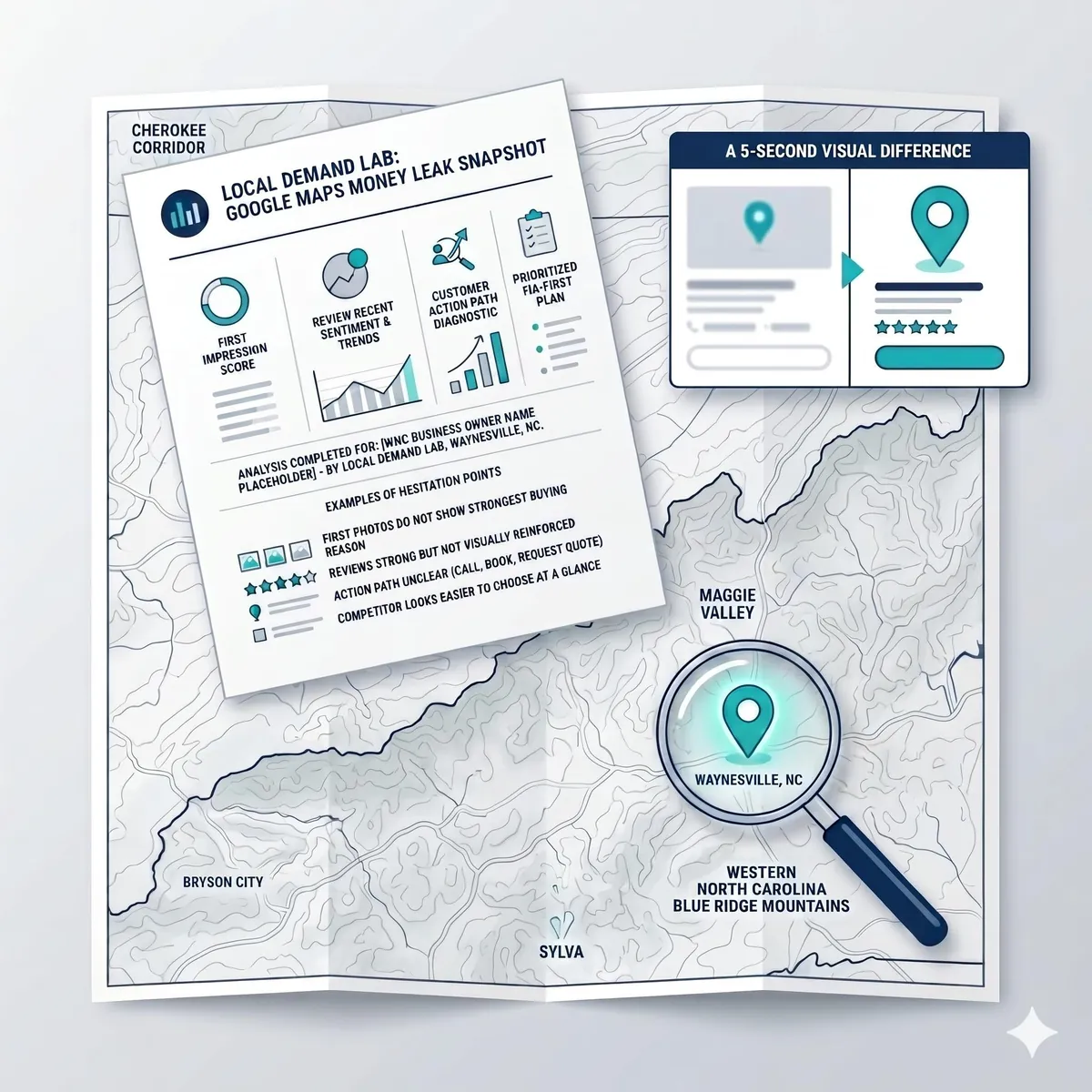 Preview of a Local Demand Lab diagnostic showing a Western NC map, customer hesitation zones, and a Google Maps Money Leak Snapshot.